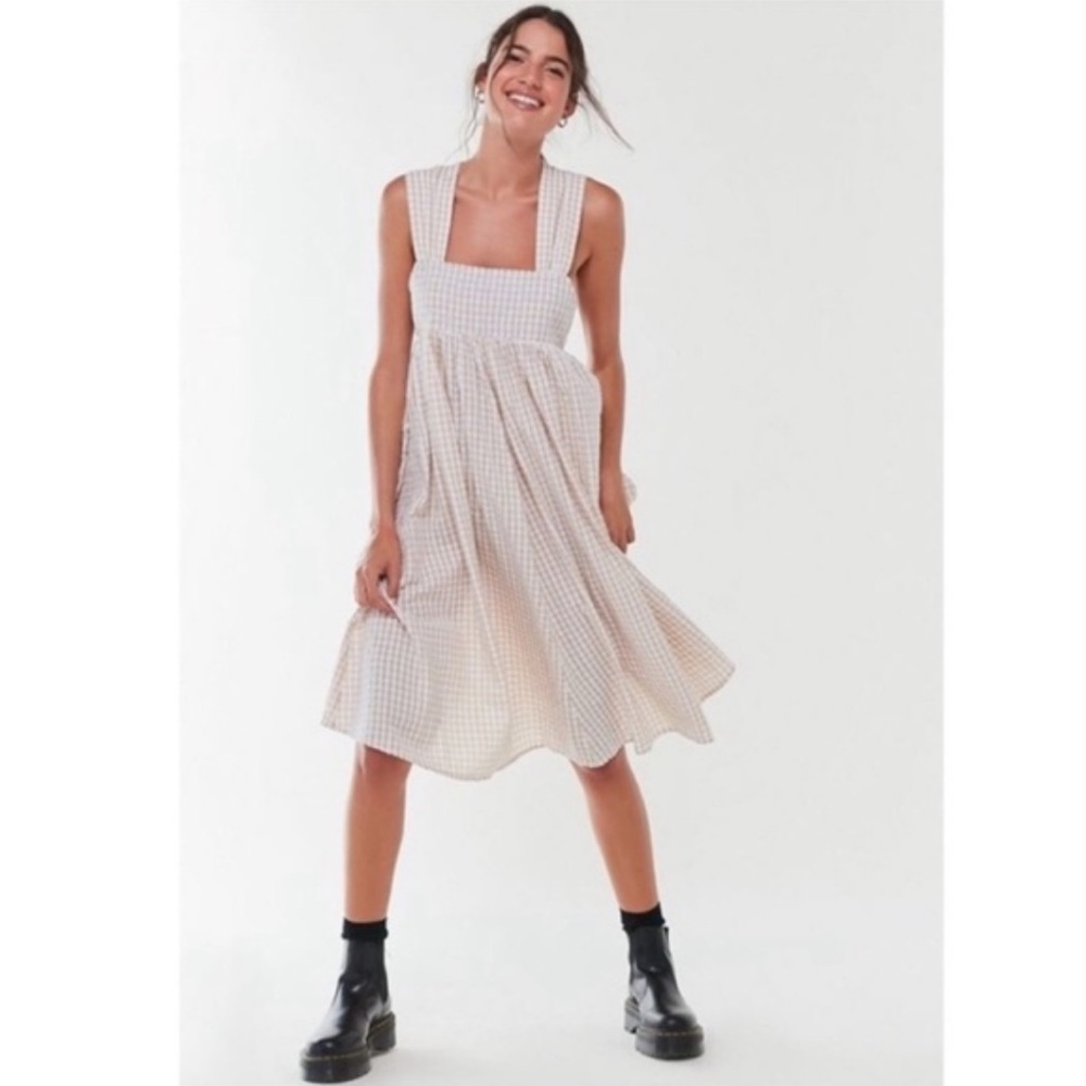 Urban Outfitters Kimchi Blue Beige Gingham Tie Strap Apron Summer Dress XS